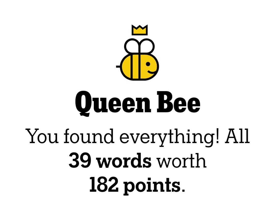 Monday's #NYTSpellingBee- Got to QB-1 in maybe 10 minutes. Had to be steered towards the last word by @beesolved. I think I've got some kind of block keeping me from finding the last word, many times. #nytsb #hivemind #spellingbee