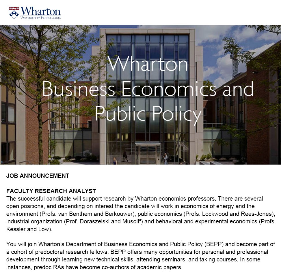 🔁Please retweet!🔁 Business Economics and Public Policy at @Wharton @Penn is hiring 4 pre-doctoral researchers, in: 1) energy and the environment 2) public economics 3) industrial organization 4) behavioral and experimental economics More info here: susannaberkouwer.com/files/theme/BE…