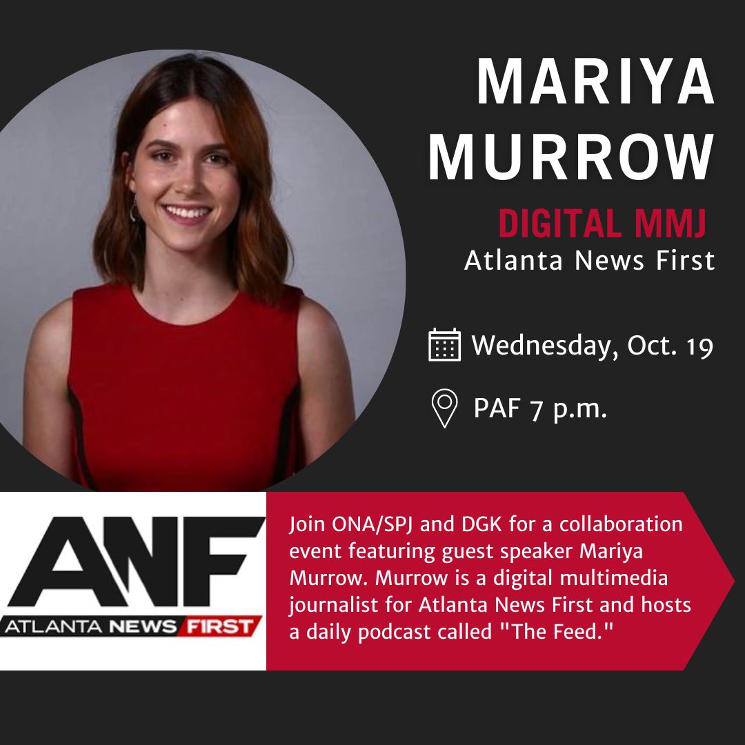 Join us this Wednesday, Oct. 19 at 7 p.m. in the Peyton Anderson Forum. <a href="/mmurrow_tv/">Mariya Murrow</a> will be joining us from <a href="/ATLNewsFirst/">Atlanta News First</a> to talk about all things digital, podcasting, producing and more. You don’t want to miss this!