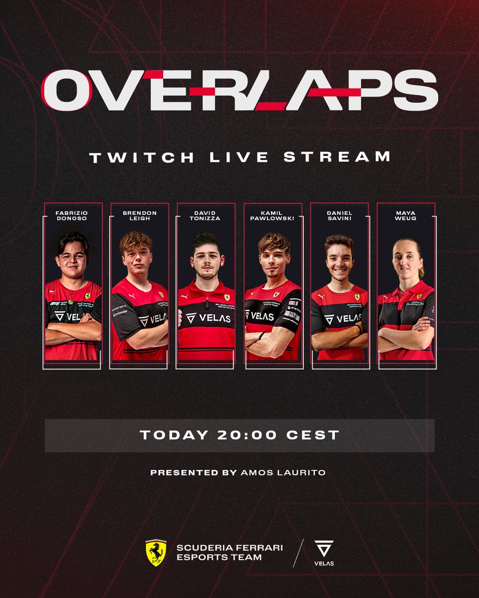 The Overlaps squad is back streaming tonight at 20:00 CEST 🔥 Special guest: @WeugMaya 🏎 ➡️ twitch.tv/ferrariesports #FerrariEsports 🎮