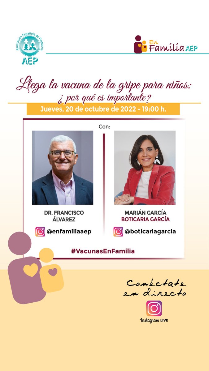 CAV_AEP's tweet photo. El próximo día 20 de octubre, a las 19:00h, tendrá lugar el directo de IG de @enfamiliaaep "Llega la vacuna de la gripe para niños: ¿por qué es importante?". Un directo con @boticariagarcia y Francisco Álvarez @FranAlvarez2009, coordinador del @CAV_AEP. #VacunasEnFamilia https://t.co/ZtvMCcru18