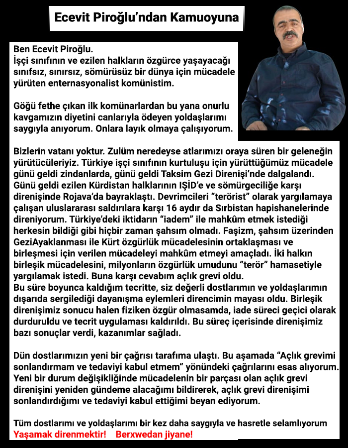 ForPiroglu's tweet photo. Ecevit Piroğlu'ndan mektup var

"Dün dostlarımızın yeni bir çağrısı tarafıma ulaştı. Bu aşamada “Açlık grevimi sonlandırmam ve tedaviyi kabul etmem” yönündeki çağrılarını esas alıyorum..."

@MFASerbia @avucic @UNGeneva @UNHCRSerbia @UN_HRC @Refugees @CoE_CPT @UNHumanRightsEU https://t.co/ugkH294wuQ