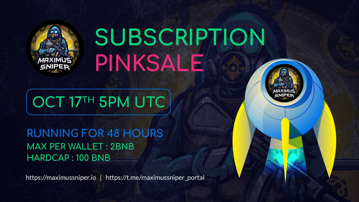 maximusniper's tweet photo. 🚀🚀 Are you ready to witness one of the most hyped 🔥🔥 Pinksale subscriptions to date?

Whales 🐳🐳 are ready to commit 100 to 1k BNB in this sub.

Time - 5PM UTC Today
Hardcap : 100 BNB
Max per wallet : 2 BNB

TG : https://t.co/N2AfpM6PmI
Pinksale Link: https://t.co/8BoZBqRKxb https://t.co/CedMH2iVvO