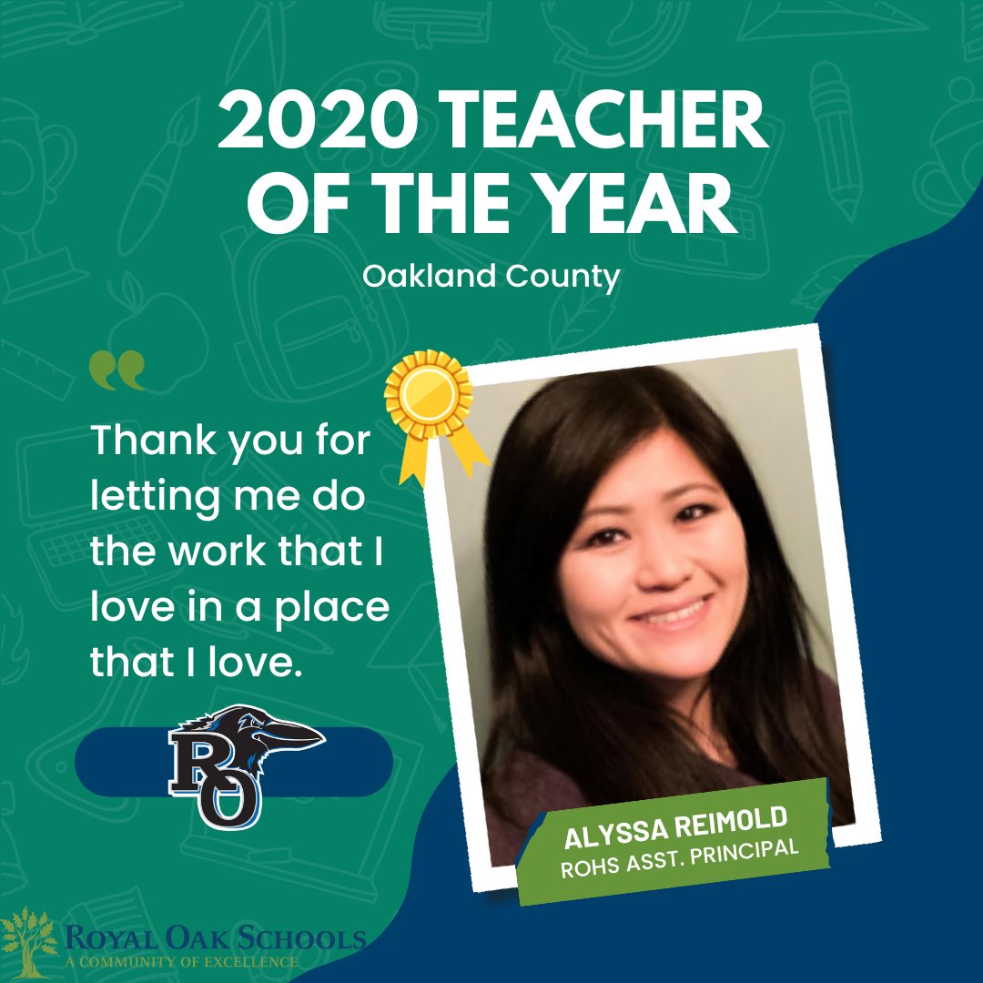 royaloakschools's tweet image. Alyssa Reimold wins Teacher of the Year for 2020 and is honored by the district! Because of the pandemic, a formal recognition ceremony was not held in 2020 so we'd like to celebrate Alyssa's recognition NOW! 
#roscommunityofexcellence #teacheroftheyear2020 #royaloakhighschool