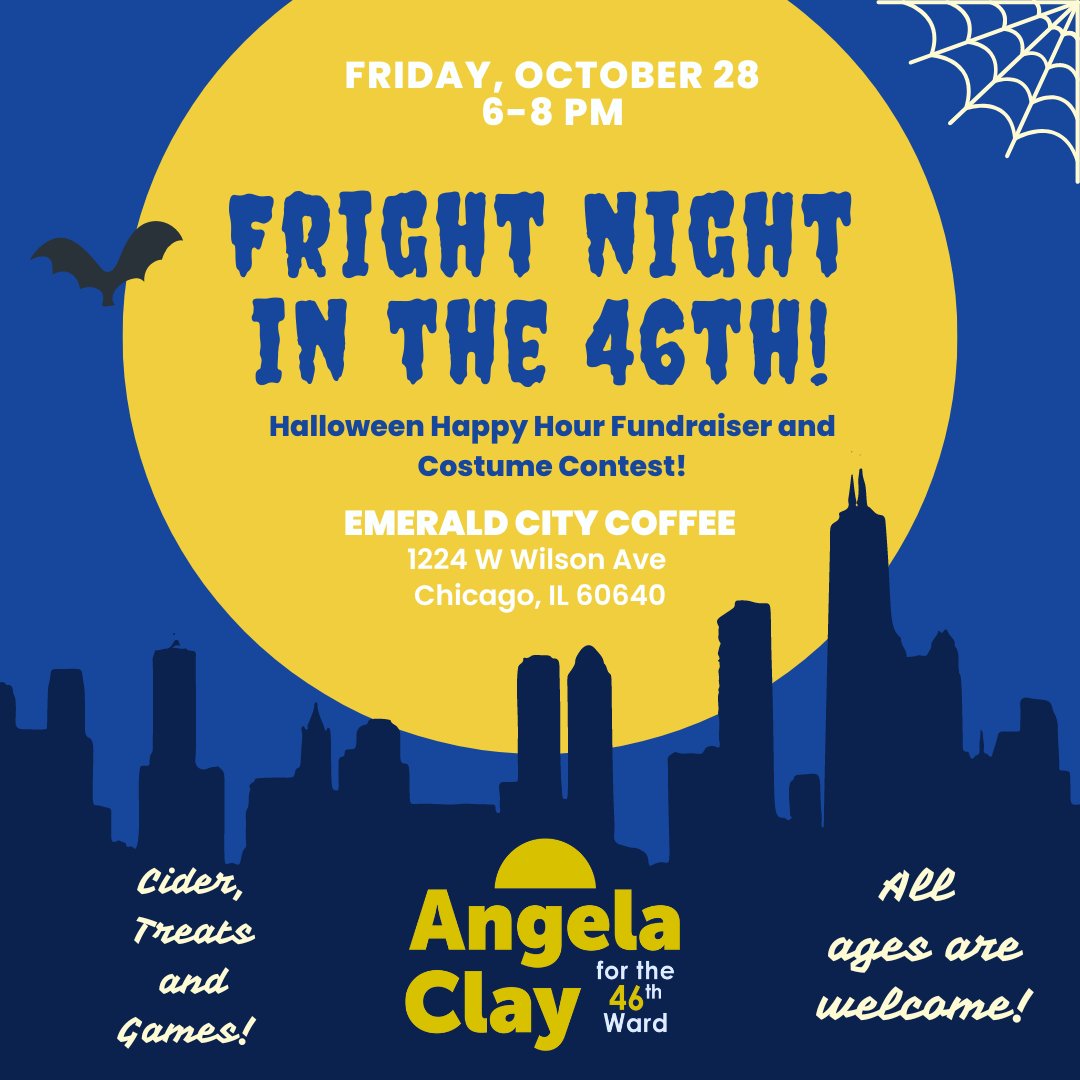 ClayFor46's tweet image. Kick off Halloweekend and join Angela for a night of treats, games and fun for the whole family! We'll have  cider, doughnuts, games and a costume contest. Snacks and drinks will be provided with entry, alcoholic beverages can be purchased at the venue. secure.actblue.com/donate/fright-…