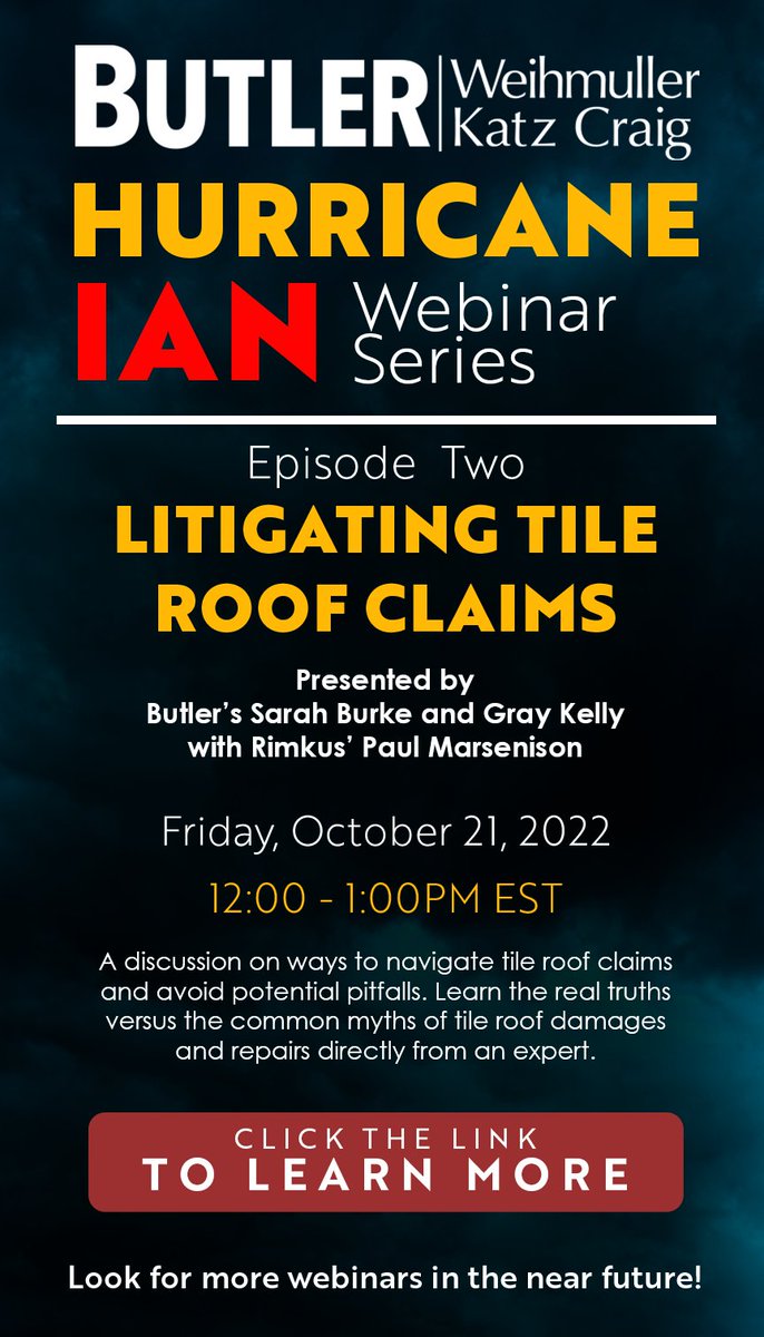 COMING SOON: Attorneys Sarah Burke and Gray Kelly, along with Rimkus’ Paul Marsenison, will discuss ways to navigate tile roof claims.

This program is intended for insurer-side claims professionals only: butler.legal/hurricane-ian-…
#ButlerLegal #insurancelaw