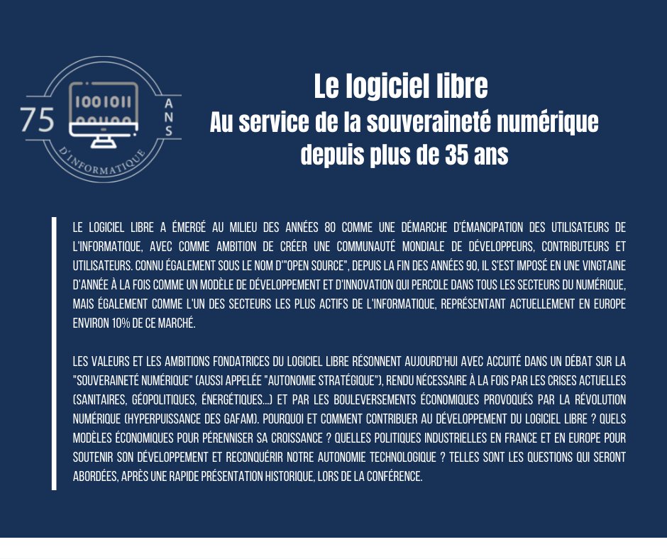 [🔔 75 ans ]
Prochaine conférence pour les 75 ans ! Nous écouterons <a href="/sfermigier/">Stefane Fermigier</a> :
💡Le logiciel libre - Au service de la souveraineté numérique depuis plus de 35 ans
📅 20 octobre, 18heures
📍 Amphi Durand, Bâtiment Esclangon
➡️ lip6.fr/75ans/?guest=A…
<a href="/Sorbonne_Univ_/">Sorbonne Université</a> <a href="/CNRS_Paris/">CNRS Paris-Centre</a>