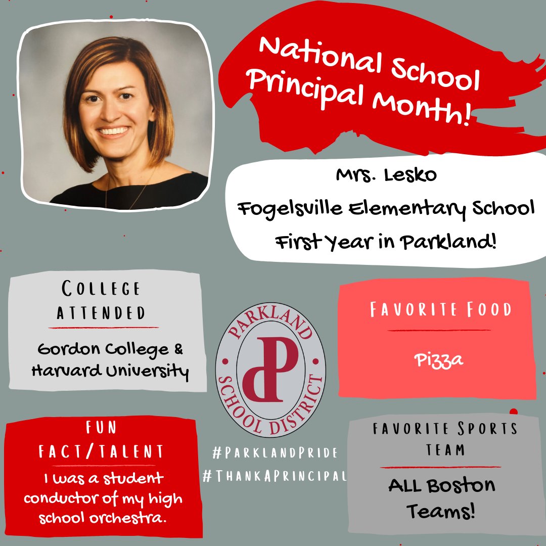 🎼🍕This is Mrs. Lesko's first year as a principal in the District and she is leading the team at Fogelsville Elementary! We're so excited that you are here!
#ParklandPride #ThankAPrincipal