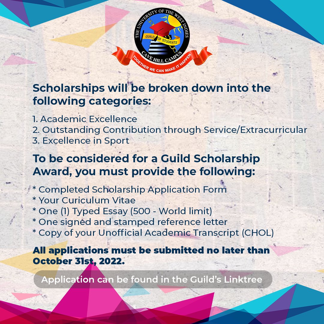 🎓 GUILD SCHOLARSHIP APPLICATIONS ARE OPEN 🎓
Please be advised that the Guild of Students is currently accepting scholarship applications. View more information on the second slide and access the application on the Guild's Linktree!
#cavehillguild 
#onefliesallsoar