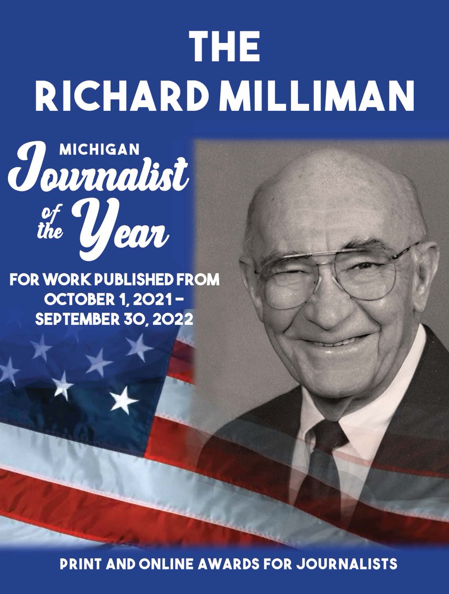 MichiganPress's tweet image. Do you think your journalist work is the best in Michigan? 

1 week left!!!!

If so make sure you enter the 2022 Richard Milliman Journalist of the Year contest that opens August 1 and ends October 30.

For more information go to michiganpress.org/mijoy/