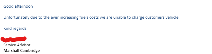absolutely outstanding customer service from <a href="/MarshallSEAT/">Marshall SEAT</a> in Cambridge. Having had my car for 10 days and agreeing to charge it on the day they took it in they have finally got my car ready to collect following their upgrade issues (not my work) and now refuse to charge the car.