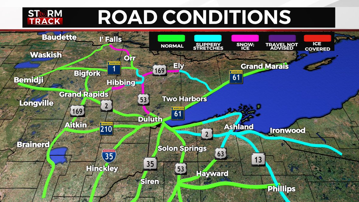 9 AM ROAD CONDITIONS: Portions of Minnesota currently have snow-covered roads. The South Shore has slick conditions which are likely to continue throughout the day due to the lake-effect snow impacting the area. The latest updates can be found at https://t.co/kgbReRmFsE https://t.co/zUquugWUD9