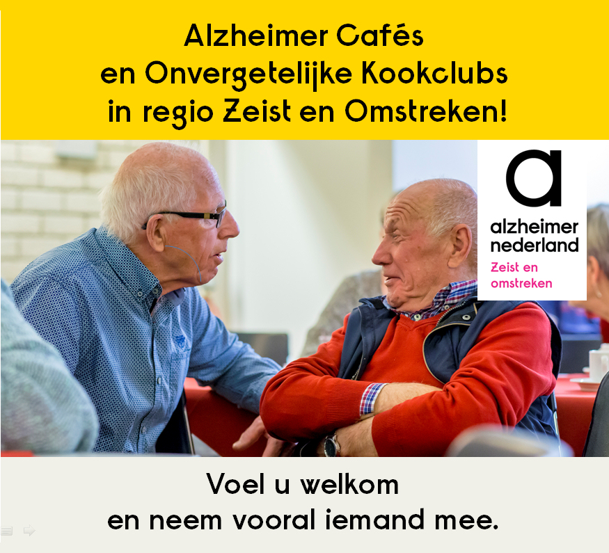 Alzheimer Zeist e.o. (@alzheimerzeist) on Twitter photo Alzheimer Cafés en #OnvergetelijkeKookclubs in onze regio! Bent u al eens geweest op een van onze bijeenkomsten? Heb je zin om samen met je naaste mee te doen met de kookclub? Dat kan! lnkd.in/gXSka9WE. <a href="/GemDeBilt/">Gemeente De Bilt</a>, <a href="/gemeentezeist/">Gemeente Zeist</a>, @gemBunnik, <a href="/gem_heuvelrug/">Utrechtse Heuvelrug</a> Alzheimer Cafés en #OnvergetelijkeKookclubs in onze regio! Bent u al eens geweest op een van onze bijeenkomsten? Heb je zin om samen met je naaste mee te doen met de kookclub? Dat kan! lnkd.in/gXSka9WE. <a href="/GemDeBilt/">Gemeente De Bilt</a>, <a href="/gemeentezeist/">Gemeente Zeist</a>, @gemBunnik, <a href="/gem_heuvelrug/">Utrechtse Heuvelrug</a>