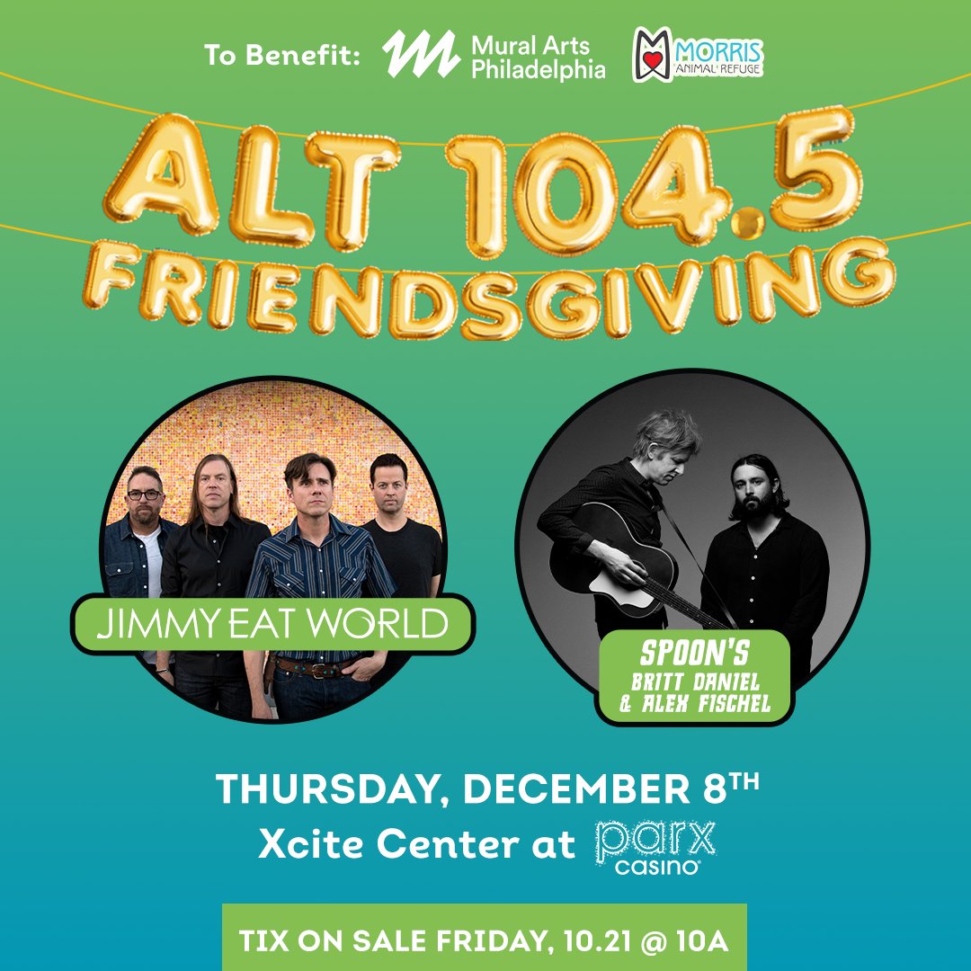 We'll be playing @Alt1045Philly Friendsgiving 2022 on 12/8 at the Xcite Center at @parxcasino with @spoontheband! Tickets go on sale 10/21 at 10am et. JimmyEatWorld.lnk.to/1045