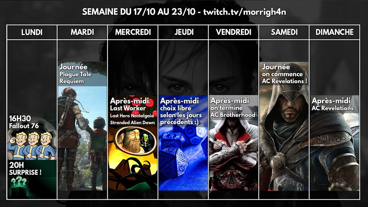 Morrigh4n's tweet photo. Il est beau, il est là, avec du #plaguetalerequiem du #lastworker du #fallout76 et un week-end découverte de #assassinscreed Revelations : le PLANNING de la semaine 🔥 sur https://t.co/HELeKUh5D8 https://t.co/4Y0eK7ZHQr