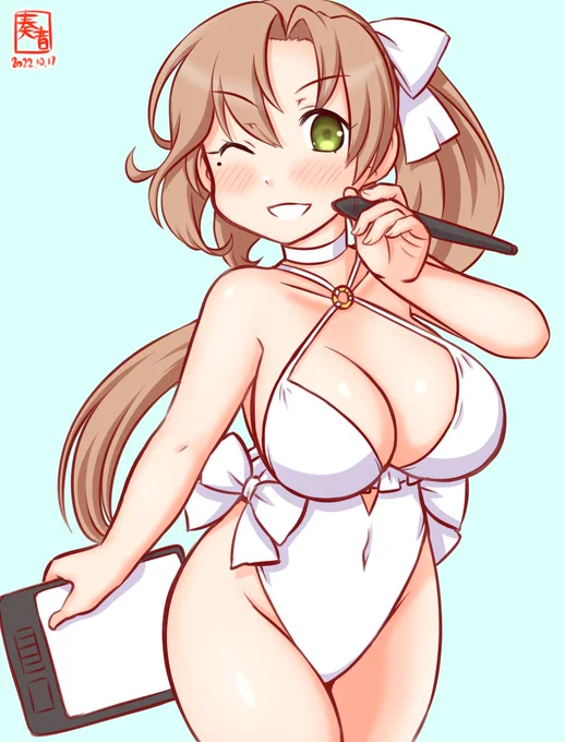 「資料の水着、着てみたけど どうかな、この改そ……うわ、目と鼻息やば…///」#艦これ版真剣お絵描き60分一本勝負_20221017#秋雲 