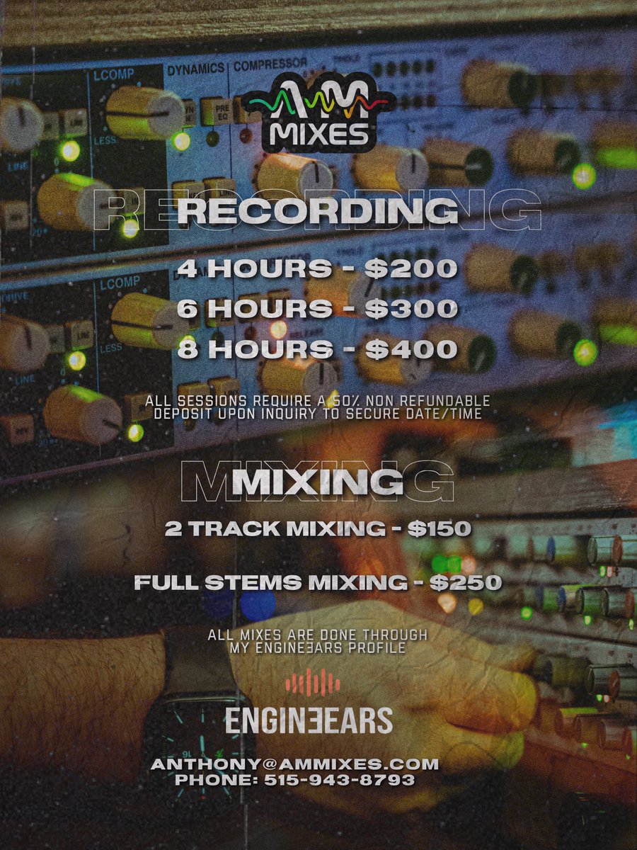 AMMixes's tweet photo. Books are back open!
🔊🎙️🎛️🎚️🎵🎶
Tap in before the books fill up 🗓️
#AMMixes #EngineEars https://t.co/A5Ony745pN