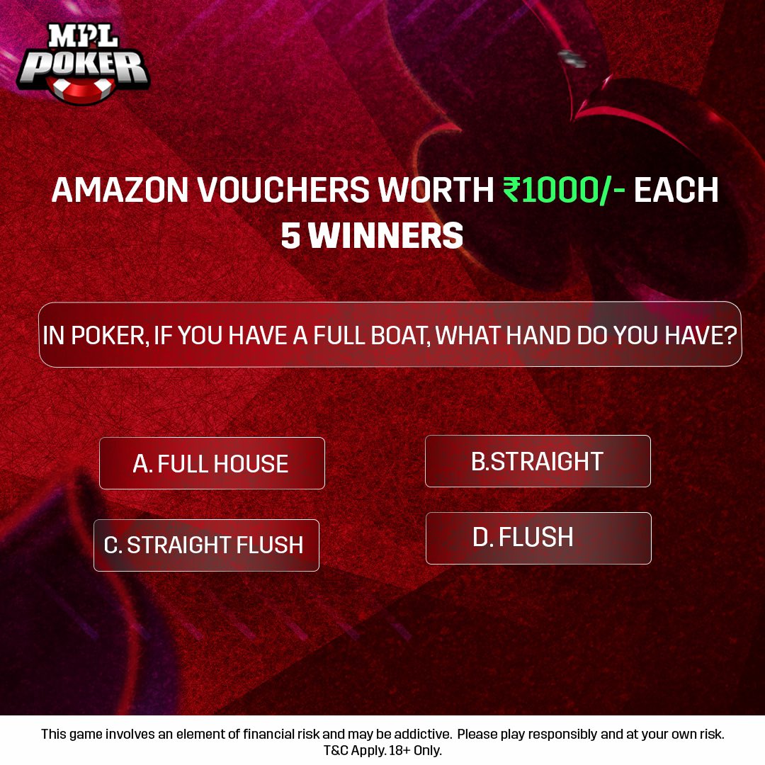 Are you game for <a href="/mpl_poker/">MPLPoker</a>'s All-In Mondays Quiz? 
You get to win ₹1000 #AmazonGiftCards
Rules: 
Follow our page,tag your friends to answer 
Use the hashtag #Allinmonday  
Get 3 friends to follow 
<a href="/mpl_poker/">MPLPoker</a> Winners to be announced on Saturday
#ContestAlert #GiveawayAlert #MPL