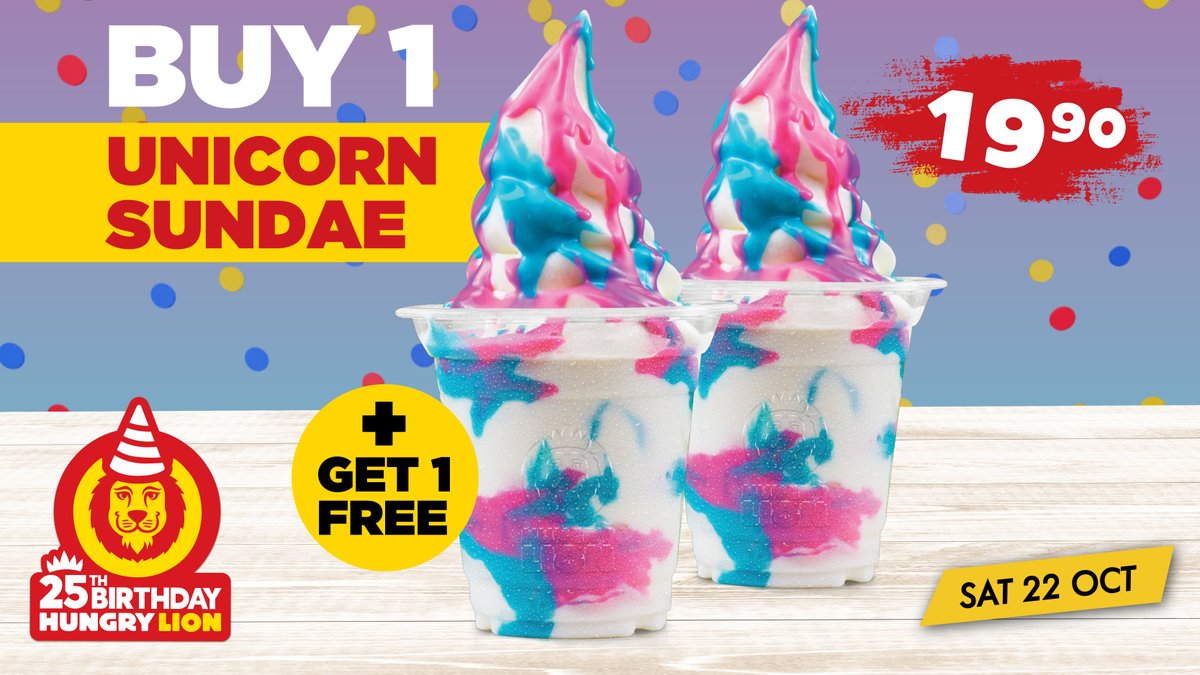 Mzansi, this is your last chance! Buy 1 Unicorn Sundae and get another 1 MAHALA! 🍧 🍧 Hurry, the offer is valid for TODAY only. 😋😋 #HungryLionTurns25