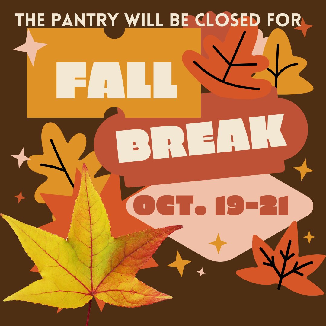 WMUInvisibleNP's tweet image. The Invisible Need Project Food Pantry will be closed during WMU's Fall Break from October 19th-21st. We will reopen with the regular fall semester schedule on Monday,  October 24th at 9am. We hope everyone has a wonderful break!