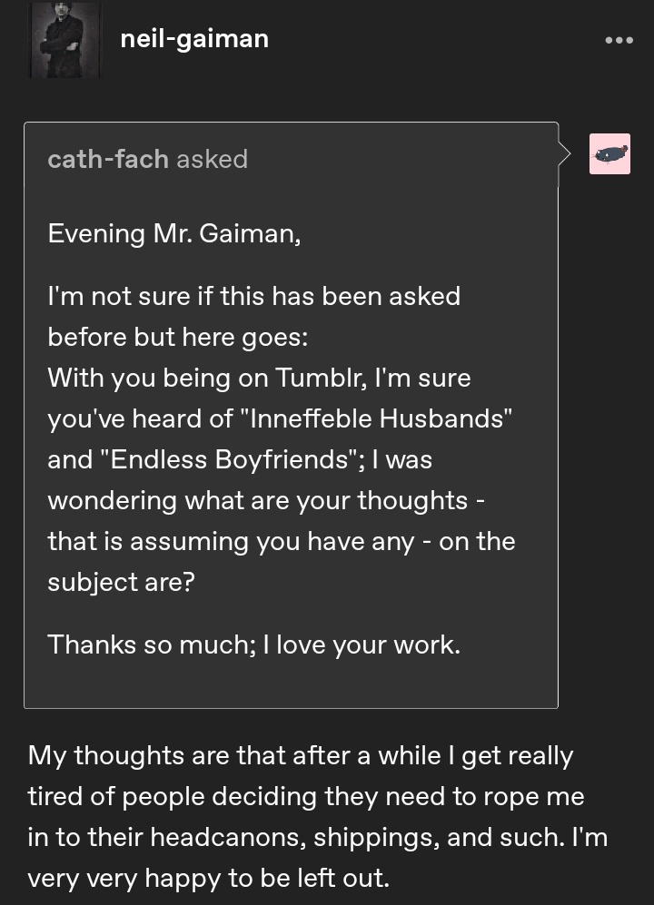 darkwillowz's tweet photo. Guys PLEASE listen to him. stop asking for his opinion on fandom topics like this. He's already made it perfectly clear in the past that he's not against headcanons, ships, etc. Just that he has no interest in being a part of them. #NeilGaiman #GoodOmens #TheSandman https://t.co/RysluisXjD