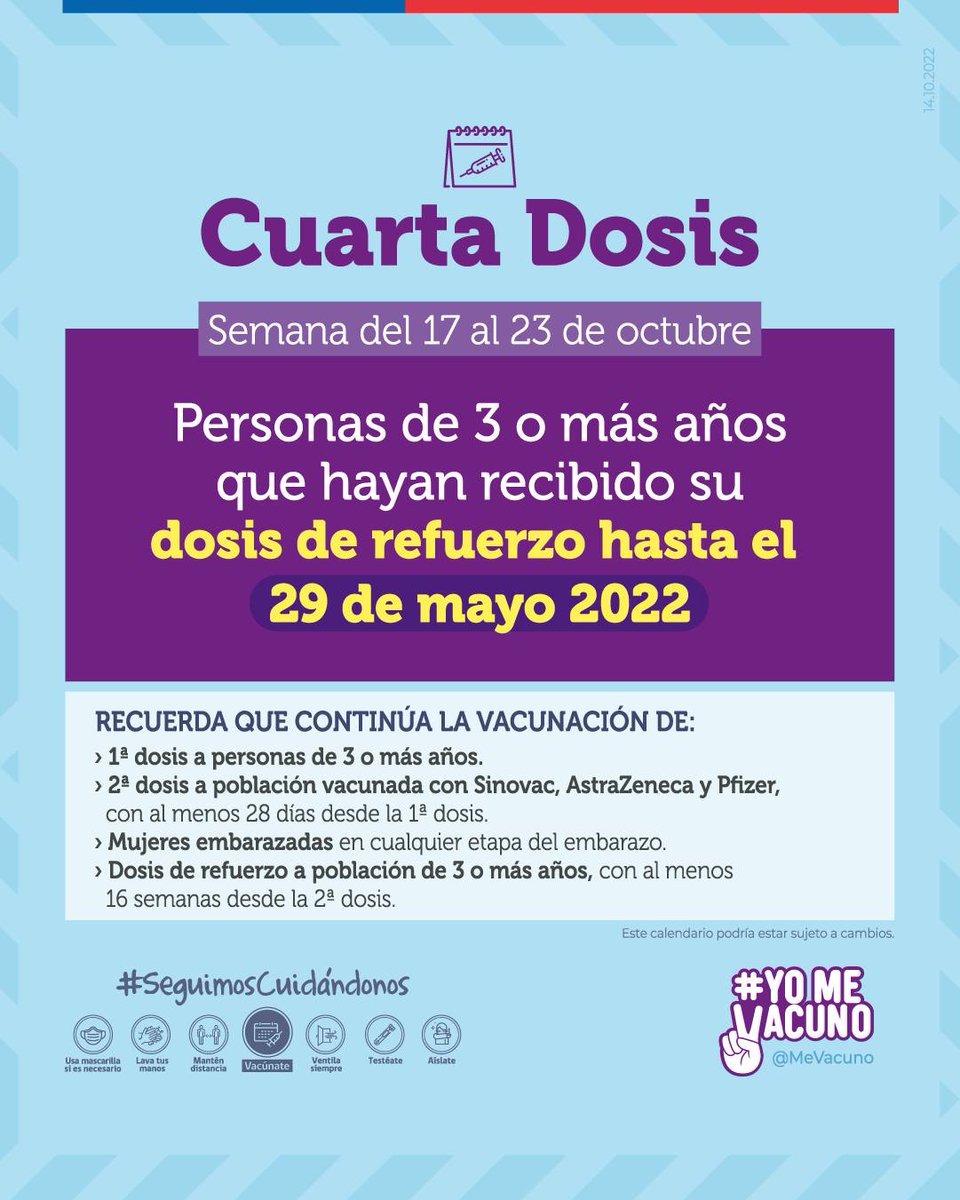 SeremiSaludM's tweet photo. Revisa los calendarios de vacunación para esta semana 📆💉 y #PonteAlDía con tu cuarta dosis. Más información en: https://t.co/YdphUdg944 #YoMeVacuno https://t.co/eEZrrZtHGT