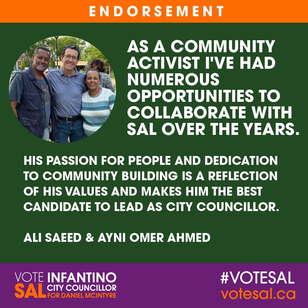vote_sal's tweet photo. Thank you Ali and Omer for the endorsement. It has been wonderful banding together to help our community over the years! Itโs always an honour to connect with others who are just as passionate about the community as I am. #votesal #winnipeg #winnipegpoli #DanielMcIntyre https://t.co/qRzQqboCo5
