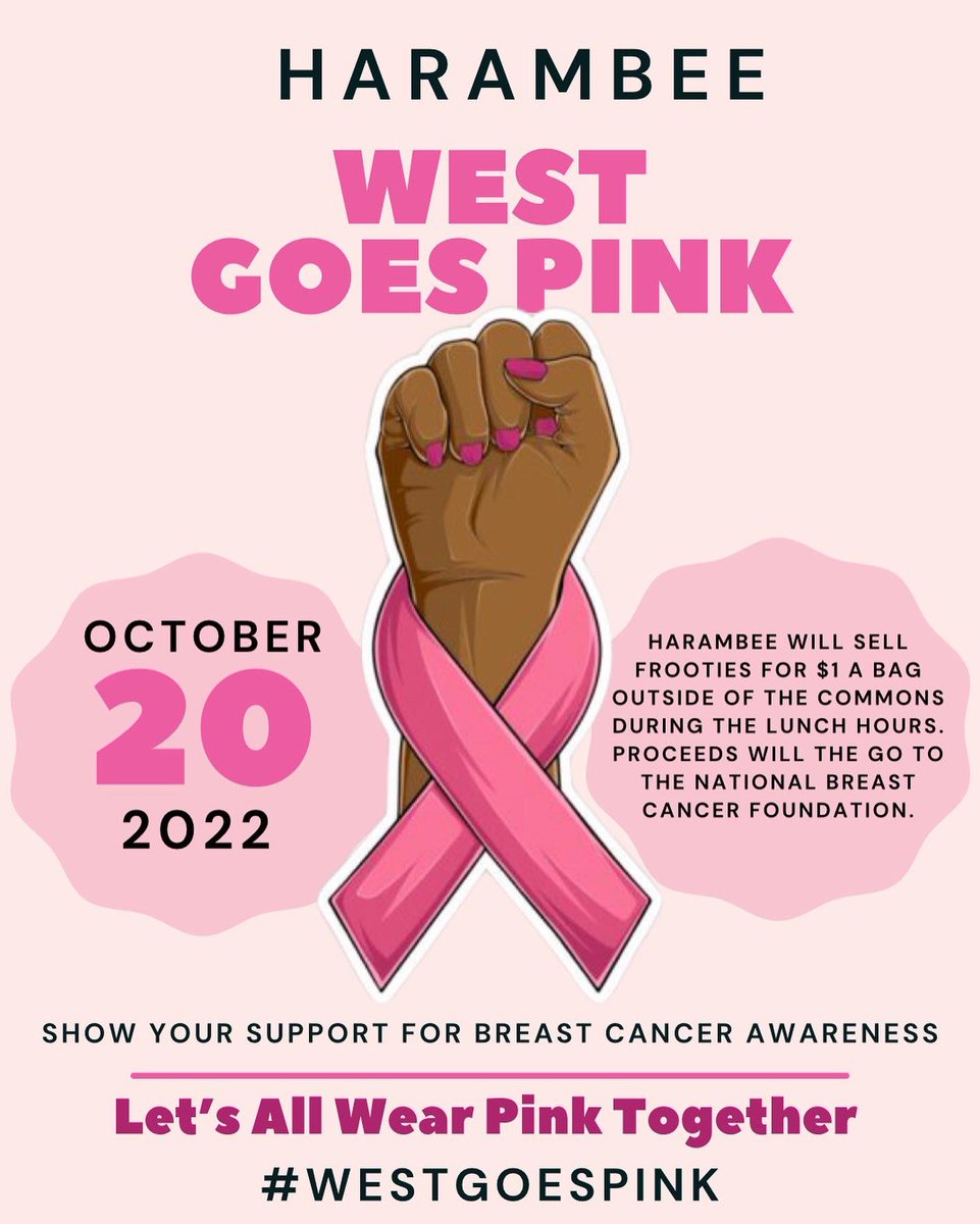 harambee1997's tweet photo. October is National Breast Cancer Awareness month. Join us in wearing pink on Thursday, October 20th to support breast cancer awareness and prevention. We will also be selling frooties for a dollar in all lunch hours !#WestGoesPink #bths201 🎀💗 https://t.co/ZJhESfM0Tx