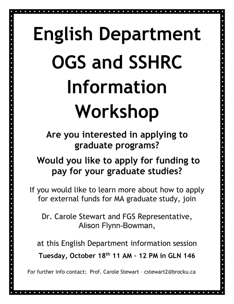 Event Reminder: TOMORROW‼️ If you are interested in pursuing an MA in English and would like to learn about funding to help with your MA studies, please join us tomorrow, Oct 18th, 11-12 at GLNA 146. #BrockuEnglish <a href="/brockhumanities/">Brock Humanities</a>