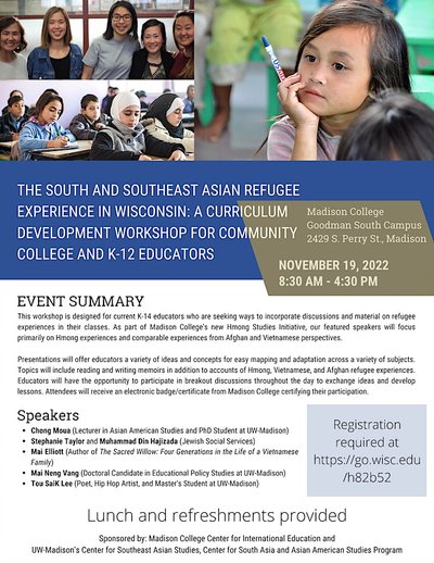 Current and future K-14 educators will learn ways to incorporate discussions and material on refugee experiences in their classes by attending "South &amp; Southeast Asian Refugee Experience in WI: A Curriculum Workshop" eventbrite.com/e/south-southe…