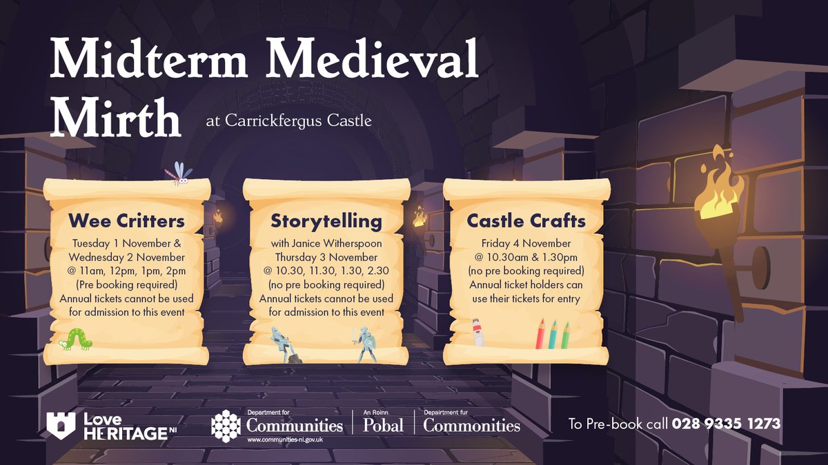 loveheritageNI's tweet image. Have a look at some of the activities on offer at our Midterm Medieval Mirth event at Carrickfergus Castle. 
Pre-booking is required for some events - ☎️028 9335 1273
Normal castle entrance fee applies.
#LoveHeritageNI #MidTerm #EventsNI