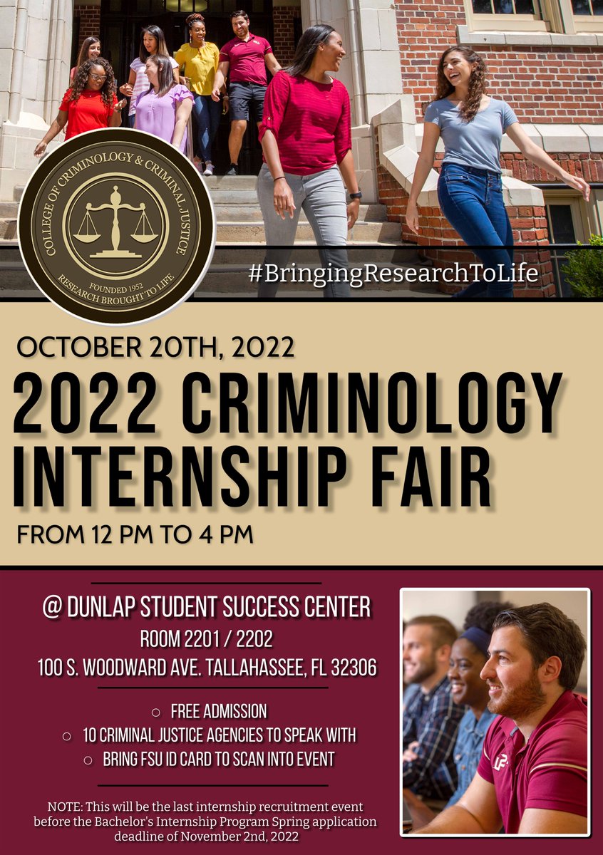 FSUCriminology's tweet photo. REMINDER: CRIMINOLOGY INTERNSHIP FAIR

Looking for internship opportunities in #Criminology and #CriminalJustice? 

Come to the #CriminologyInternshipFair on Thurs, Oct 20 at the Dunlap Student Success Center from 12 PM to 4 PM.

Click the link for more: https://t.co/EqONgYrw3c https://t.co/Apr9hkZsXB