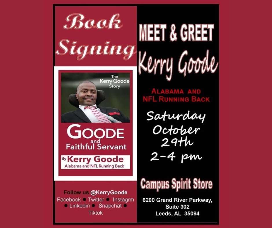 ShopGrandRiver's tweet photo. Campus Spirit is excited to announce that Kerry Goode will be at their store on Sat. October 29th from 2 – 4 p.m. Meet and greet the former University of Alabama and NFL running back. He will also be signing his book, Goode and the Faithful Servant, about his inspiring story. https://t.co/g1nKPWjOYC