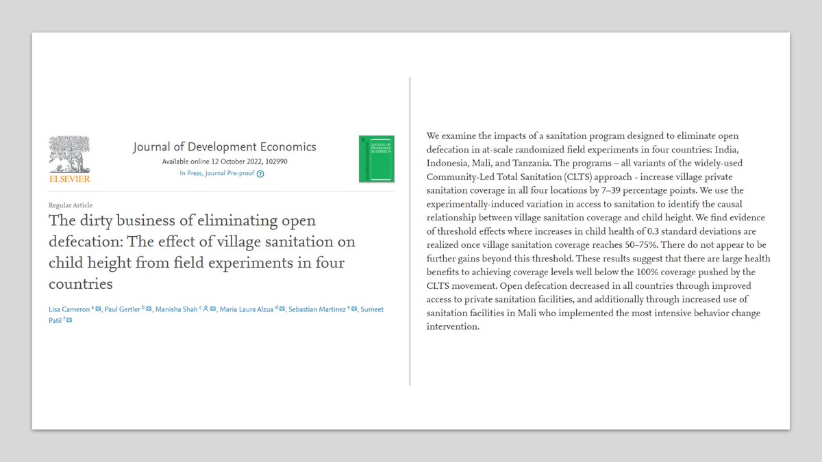 In sanitation programs, is pretty good coverage good enough? "Increases in child health of 0.3 standard deviations are realized once village sanitation coverage reaches 50–75%. There do not appear to be further gains beyond this threshold." sciencedirect.com/science/articl…