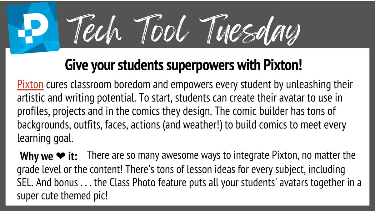 MISDDLTeam's tweet photo. #TechToolTuesday - Give your students superpowers with @Pixton ➡️ https://t.co/CcJgYOPq0p #MISDdigital #Creativity https://t.co/7bjW9zrfQq