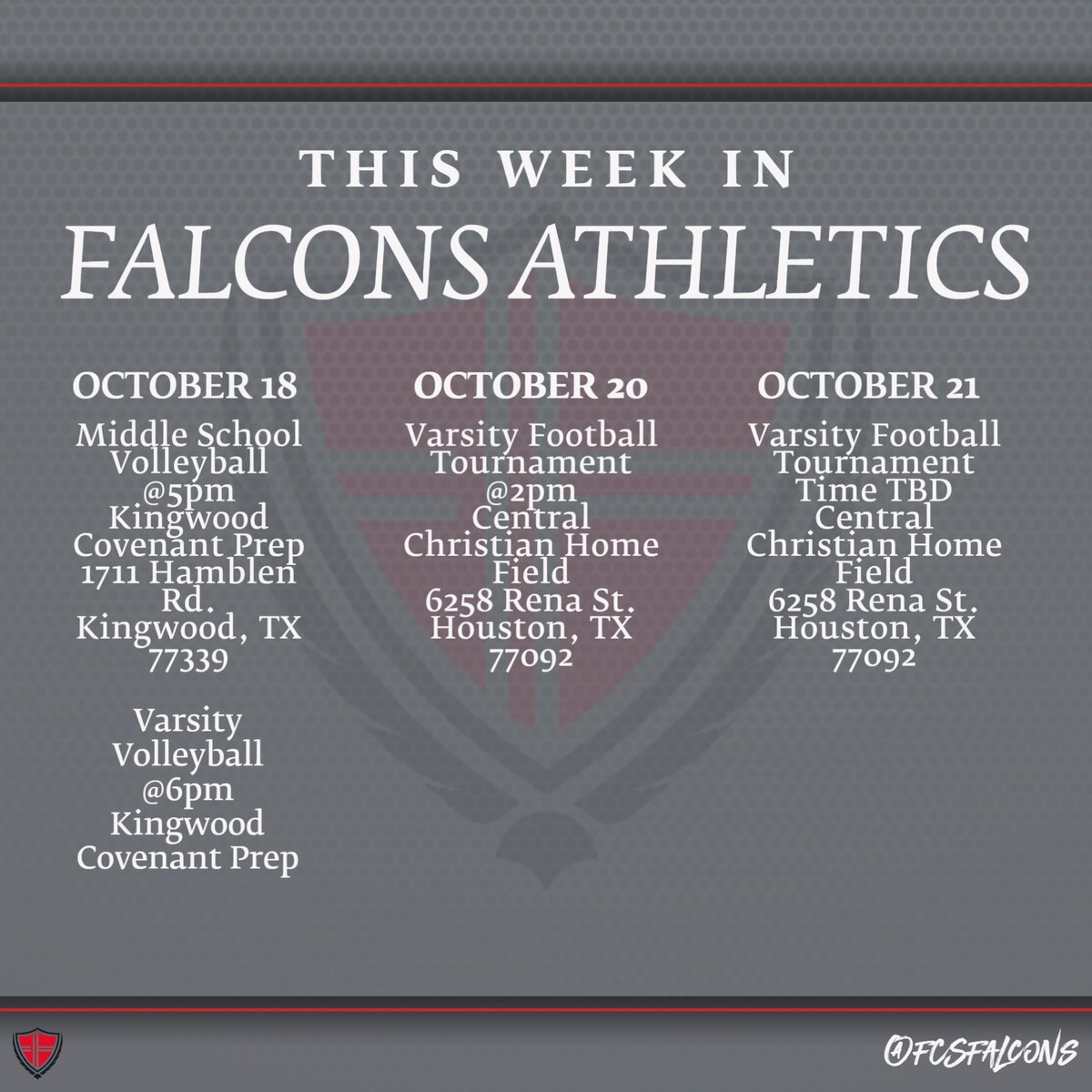 founders_school's tweet photo. Check out this week's athletics schedule! Our Varsity football team will be competing in the TCFL tournament this Thursday-Friday. Stay tuned on our Instagram stories for Friday's game time! https://t.co/HRPL151zRf