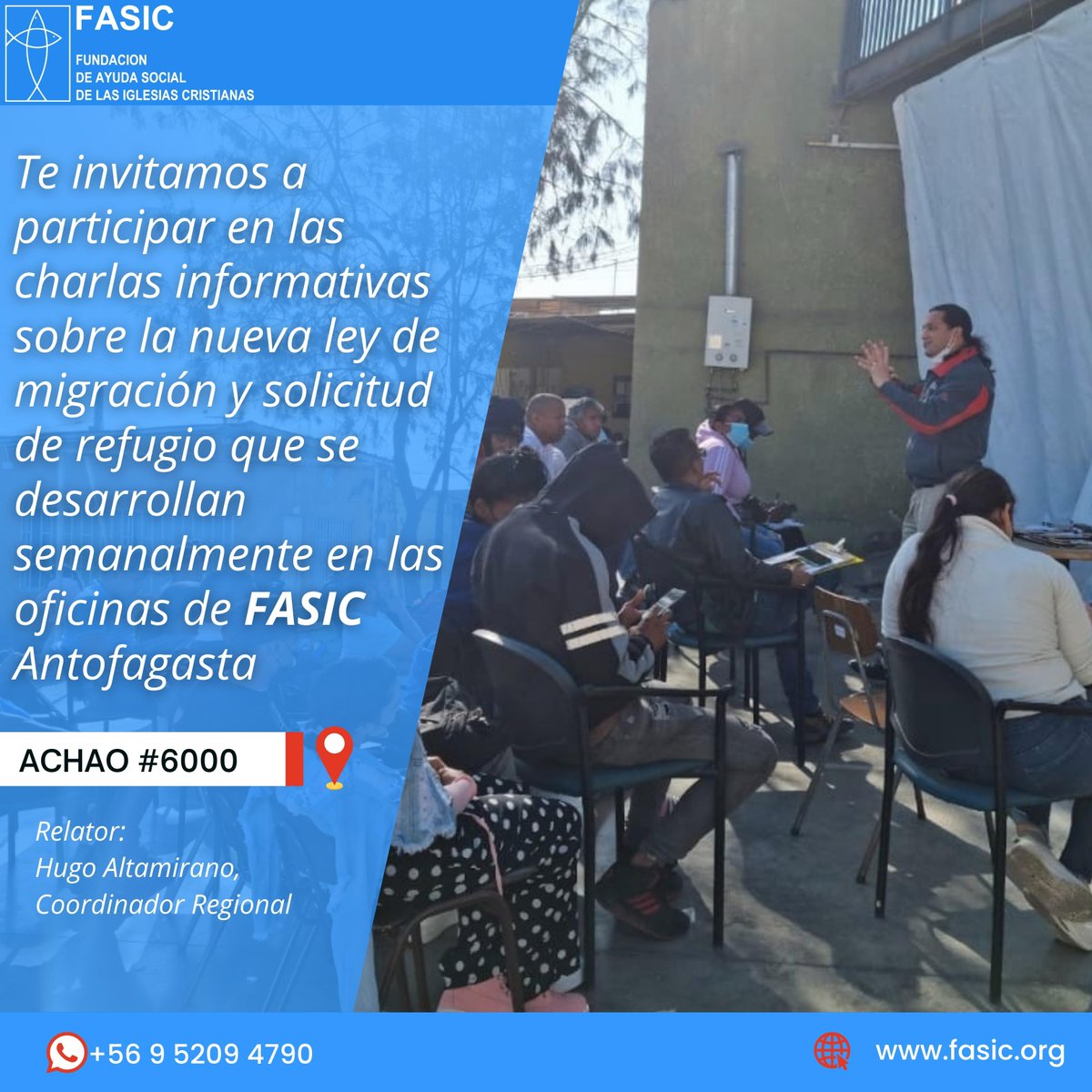 FASICDDHH's tweet image. 📍 La oficina de #FASIC Antofagasta continúa realizando este operativo semanalmente, en las dependencias de la fundación #Achao 6000, Antofagasta.
Si estás en #Antofagasta puedes escribir al 📲+569 5209 4790 para apartar tu cupo en estas charlas.