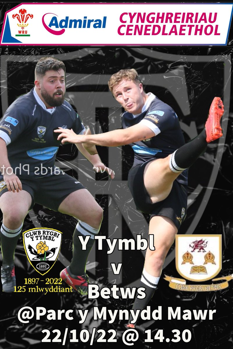 ⚫⚪ 1sts welcome Betws to Tumble❗
🆚 Betws RFC 
🏆 Admiral League Division 3 West B 
📆 Saturday 
⏰ 2.30pm
📍 Home - Parc y Mynydd Mawr 

 #YmlaenYPiod #YPiod125 
 ⚫⚪🏉
