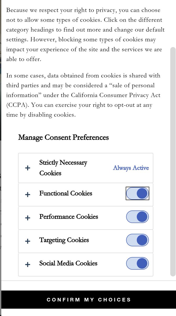 Dear UX Diary, while on Beyonce's internet I came across a cookies  setting page where the default was 'Active' for everything. The user  has to deselect vs indicate what to allow.. if anything. Easier for the site to get the cookies I know but the UX of opt-in vs opt-out 🤷🏿‍♀️