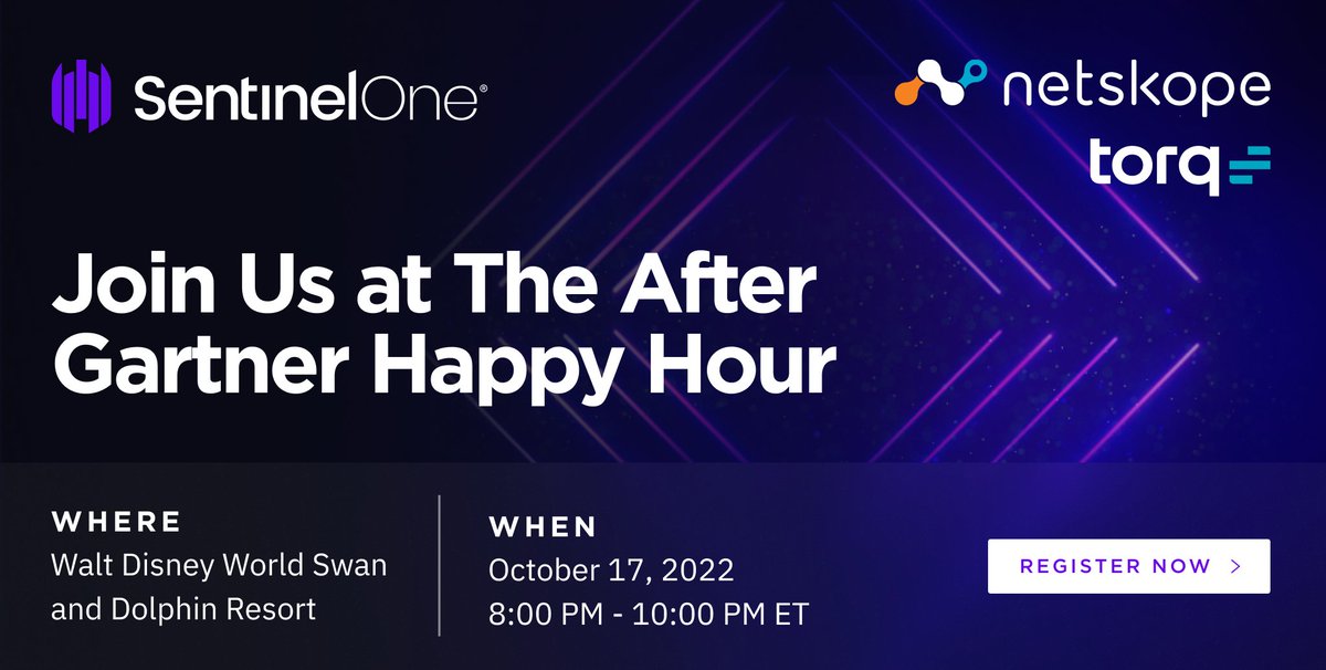 torq_io's tweet photo. Tonight is the night!🥂 Join Torq, @SentinelOne, and @Netskope at Shula’s Lounge in #OrlandoFL. There will be food, drinks, and a chance to mingle with #cybersecurity experts – you don't want to miss it! RSVP here: https://t.co/0v0aulQLpa

#Gartner #GartnerSYM  #torqsecurity https://t.co/GWL0M2KYG0