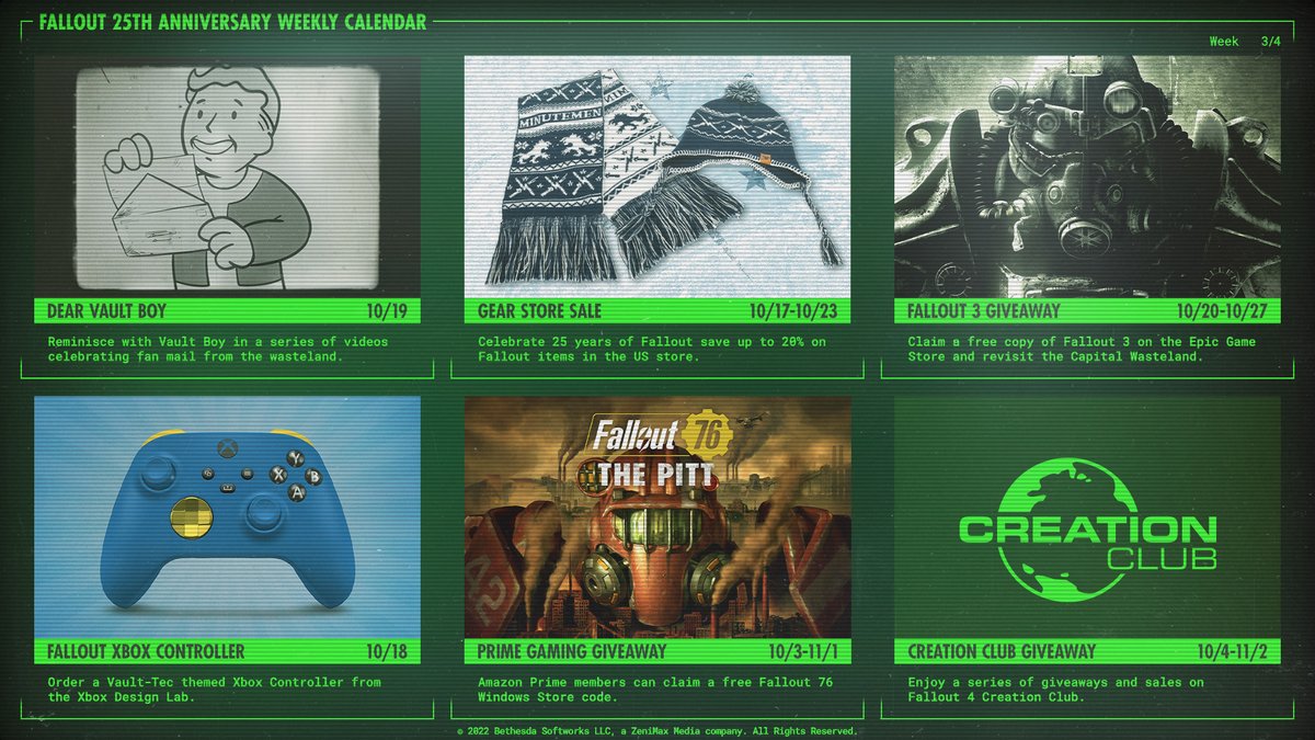 Our 'Dear Vault Boy' series, Vault-Tec themed Xbox controllers, and Creation Club giveaways are just a few things coming this week for our continued #Fallout25 celebration. Check out our full article here for all the details: beth.games/3D1nHBU