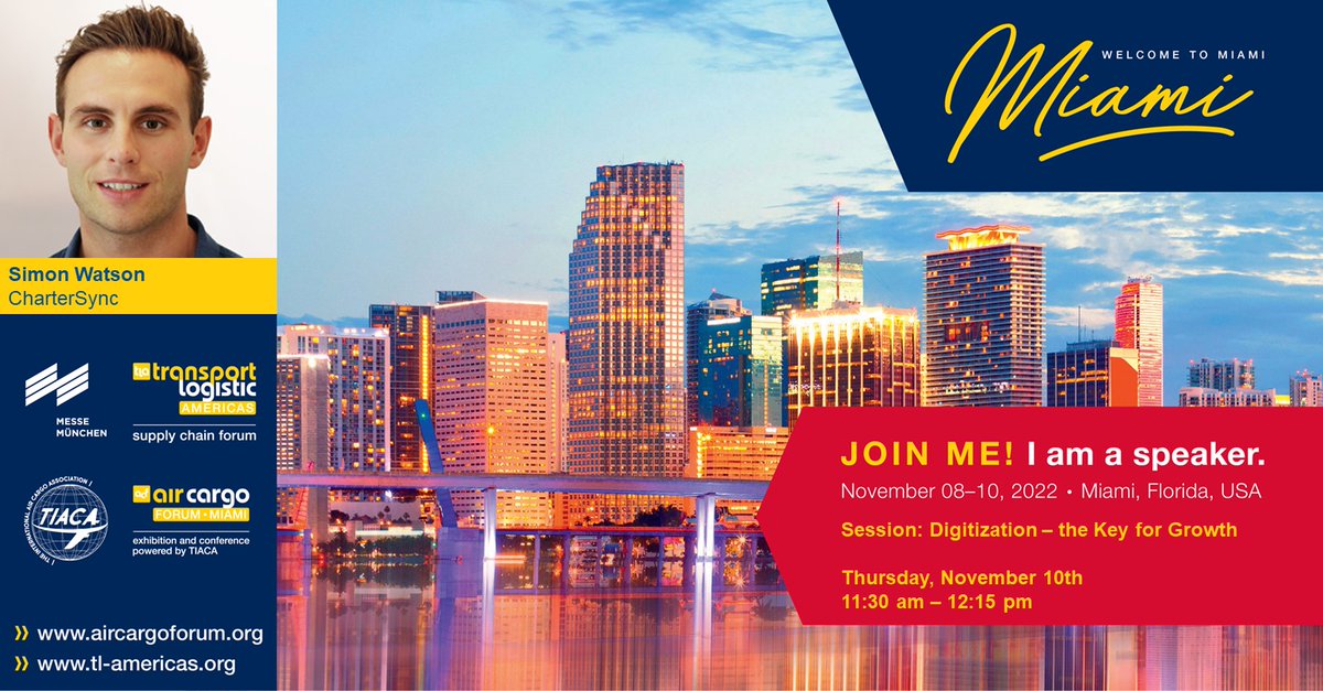 CharterSync's tweet photo. On Thursday 10th November at 11:30am -12:15pm, Simon Watson, director and co-founder of #CharterSync, will be on a panel session on the topic of 'Digitization - the key for growth' at the Air Cargo Forum in Miami 🚀

We hope to see you there 👋

#AirCargo #AirCargoForum #ACF22 https://t.co/ocY2bj0ZbX