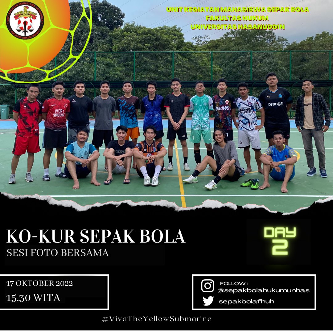 [KO-KURIKULER SEPAK BOLA 2022]

==================

Materi : Teknik Dasar passing
Oleh : M. Rafly Setiawan

📆 Senin, 17 Oktober 2022
🕙 15.30 WITA - Selesai
📍 Lap. Sport Centre Hukum Unhas

#KokurSepakBola2022
#VivaTheYellowSubmarine