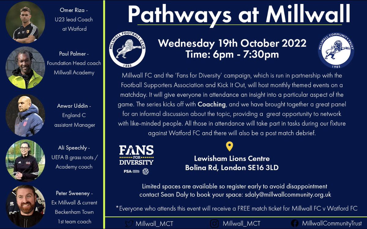 Looking forward to this on Wednesday evening 🙏 Millwall v Watford after what will be a superb networking & panel event, with our first #Pathways theme of Coaching ⚽️ for more information on the event & our #FansforDiversity Pathways initiative @MillwallFC get in touch 👍