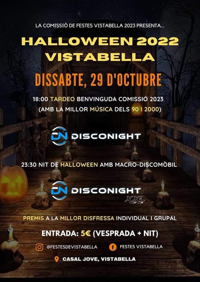 VistabellaAjunt's tweet photo. 🎃 El dissabte 29 d'octubre la Comissió de Festes 2023 celebrarà Halloween al Casal Jove

🎶 La millor música de DiscoNight ambientarà ja des de la vesprada

👻 A més, no faltarà el concurs de disfresses https://t.co/aqPl1HYA6h