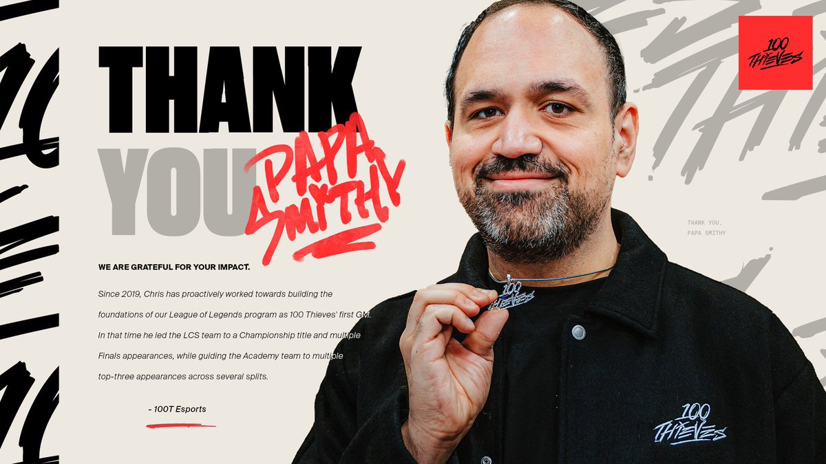100 Thieves VALORANT (@100t_val) on Twitter photo A legacy for the books.
Today marks the last day of <a href="/PapaSmithy/">Chris Smith</a>’s contract and tenure as General Manager of 100 Thieves League of Legends.
Thanks for everything Chris and wishing you the best on your next chapter. A legacy for the books.
Today marks the last day of <a href="/PapaSmithy/">Chris Smith</a>’s contract and tenure as General Manager of 100 Thieves League of Legends.
Thanks for everything Chris and wishing you the best on your next chapter.