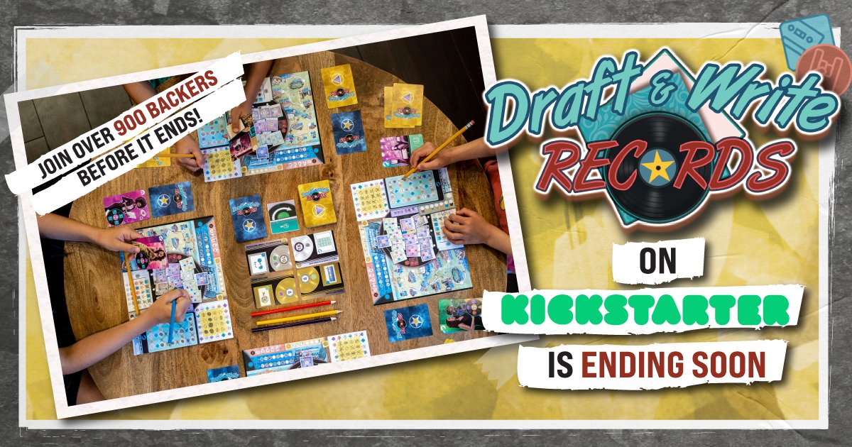 Draft &amp; Write Records is ending soon on Kickstarter!

You won't want to miss out on all the card drafting fun, so be sure to back the game before the project ends tomorrow. 🎸

Join over 900 backers on Kickstarter:

ow.ly/X32I50KW3Fv