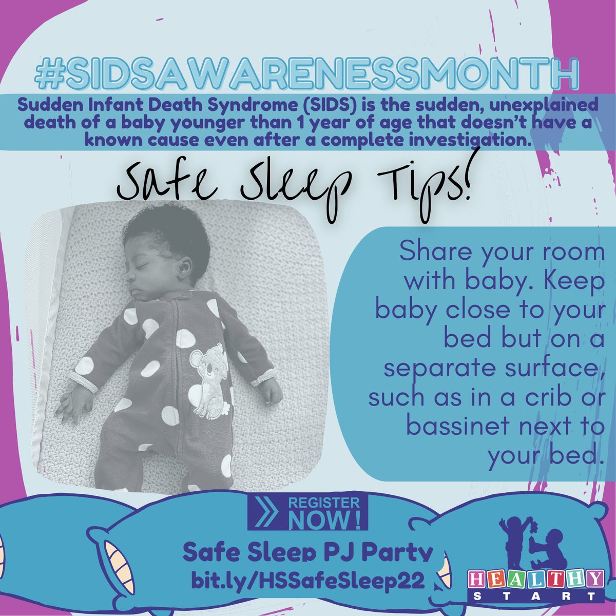 HealthyStartPgh's tweet photo. Here's some #SafeSleepTips 4 #SIDSAwarenessMonth ! We are wrkng 2 ensure all caregivers knw the best practices when our little ones are sleeping.

Throw on your favorite PJs &amp;  join us on 10/25 from 5:30-7 PM for our virtual PJ Party for Safe Sleep! https://t.co/Zc3ZcryeQS https://t.co/gOM6voSiV3
