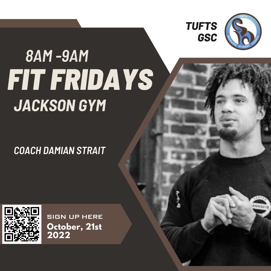 Join us for another Fit Friday this week on October 21st at 8am! Wake up and get strong with coach Damian Strait’s boot camp/HIIT style workouts! This class is $5 or $20/semester. This is open to all SoE/GSAS/SFMA graduate students. Sign up here: forms.gle/qeYkshuTh7x61s…
