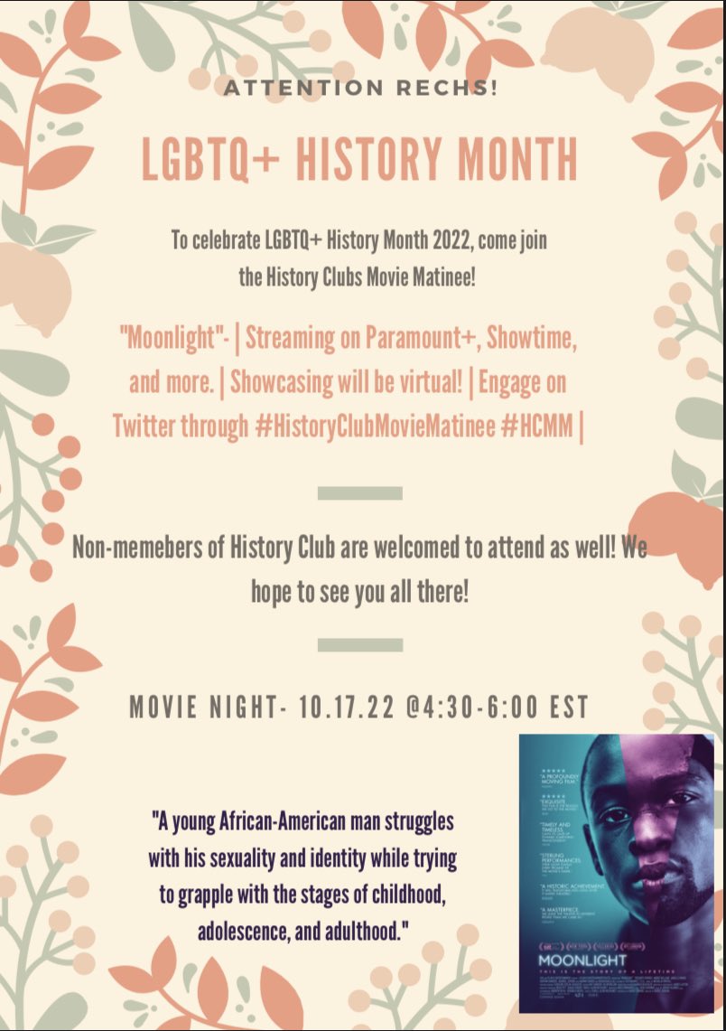 KaeliseL's tweet photo. RECHS’ History Club online Movie Matinee starts in 30 minutes! Interact right here on twitter while you watch!
#HistoryClubMovieMatinee #HCMM #LGBTQHistoryMonth @vannabbott https://t.co/AvQIzl28ej